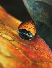 Aufkleber - Planet Earth reflected in a dew drop resting on a vibrant leaf in nature