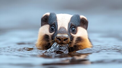 Aufkleber - Close-up of a badger swimming in water, with its head and upper body visible. Its black and white face is clearly shown as it moves through the water, creating ripples around its snout. The scene is