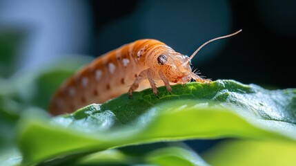 Poster - Macro shot of a pill millipede in orange color crawling on the lush green leaf, the image displays intricate details of the insect's body and the leaf's texture, creating a vibrant and detailed