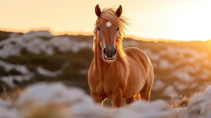 Aufkleber - A majestic brown horse stands prominently against a blurry background, illuminated by the warm hues of a sunset. The landscape features rocky terrain with sparse vegetation, creating a serene and