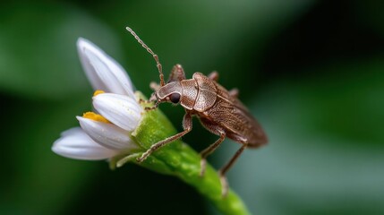 Poster - Macro shot of a small brown beetle perched on a white flower with a green stem, set against a blurred green background. The beetle's intricate details are visible, showcasing its texture and form