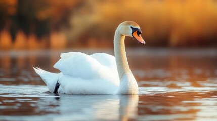 Poster - A swan gracefully glides across calm waters, its feathers gleaming in the warm sunlight. The tranquil scene is set against a soft backdrop of trees with golden light