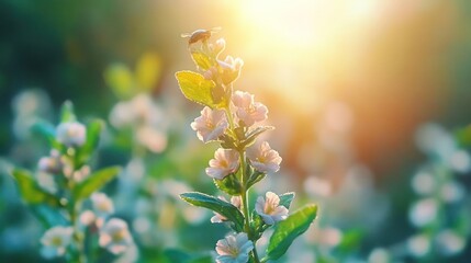 Leinwandbilder - Close-up captures white flowering plant with green leaves and a small insect atop the blossoms, backlit by a bright, diffused sunlight creating a warm glow and a soft, ethereal atmosphere