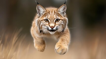 Aufkleber - Portrait of a lynx mid-air, running through tall golden grass in autumn, showing its face and chest, against a softly blurred background of brown and green. The lynx's fur is a mix of light brown and