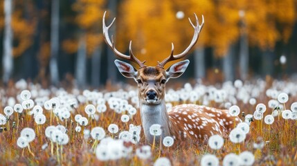 Aufkleber - Deer resting peacefully in a vibrant field of dandelions during autumn in Lapki nature