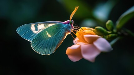 Poster - Close-up captures a luna moth perched on a delicate yellow flower, bathed in soft golden light. The moth's translucent wings, shaded in pastel green and white, contrast beautifully against the flower