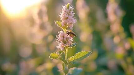 Poster - A close-up shot showcases a pink flower with a butterfly perched on it, bathed in warm, golden sunlight filtering through a blurry field. The soft focus and vibrant light create a dreamy, natural