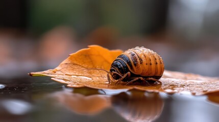 Poster - A closeup shot depicts a pill bug nestled on a crisp, vibrant orange leaf with a soft bokeh background. The bug's textured exoskeleton is strikingly detailed and light reflects on the leaf, enhancing