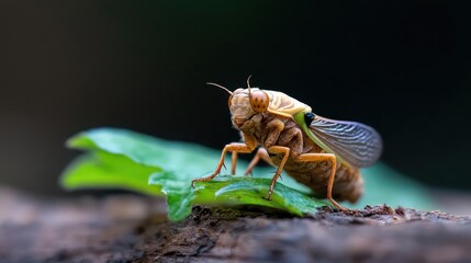 Poster - Macro shot of a brown grasshopper perched on a vibrant green leaf atop dark brown soil. The insect is detailed with visible legs, antennae, and wings. Background is blurred with a dark green hue