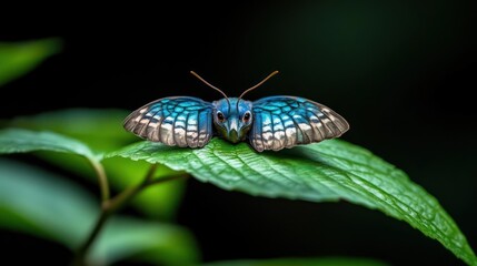 Poster - Extreme close-up of a vibrant turquoise and brown butterfly perched on a bright green leaf against a dark, blurred background. The butterfly's wings are fully extended, displaying intricate patterns