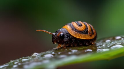 Aufkleber - A close-up shot of a wet, round beetle resting on a leaf, featuring a distinctive black and orange spiral pattern on its carapace. Water droplets add a glistening texture. The background is a blurred