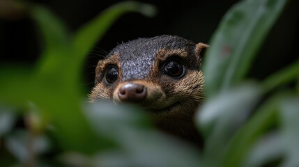 Poster - A close up shot of an otter peering through green foliage with a curious expression. Its brown and speckled fur glistens, highlighting its small, round eyes and pink nose. The surrounding leaves are