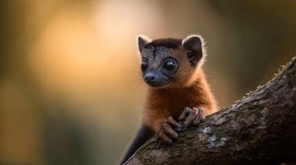 Poster - A close-up shot shows a brown lemur clinging to a mossy tree branch, its dark face and bright eyes contrasting with the warm, golden bokeh of the background, creating a striking and tender moment of
