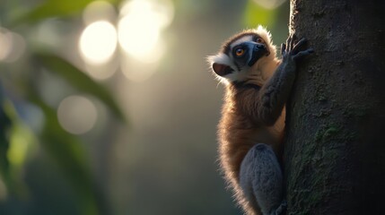 Aufkleber - Close up of a lemur clinging to a tree trunk with sunlight streaming through the forest, creating a blurred green background. The lemur has brown and beige fur, striking black eye markings, and its