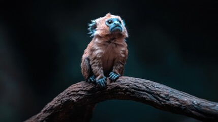 Poster - A small, brown primate with bluish skin sits atop a gnarled branch, gazing upwards against a dark, blurred background. The lighting accentuates the texture of its fur and the branch it perches on