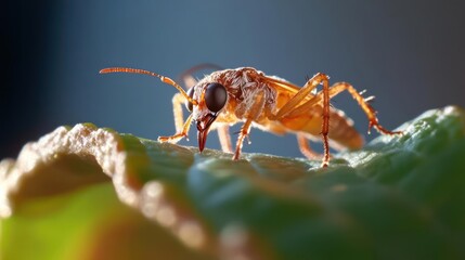 Aufkleber - Macro shot of a glistening insect on a green leaf, showcasing its intricate body structure and delicate features under soft, natural light. The background is blurred, enhancing the focus on the