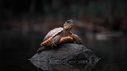 Poster - Captivating close-up featuring a turtle perched atop a stone in a body of water. The turtle's shell is adorned with orange spots, creating a striking contrast against the cool tones of the dark stone