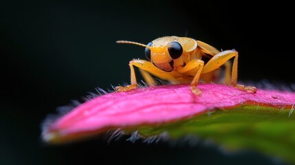 Poster - Close-up shot of a vibrant orange insect perched on a bright pink flower petal against a dark green background. The insect is detailed with visible legs, antennae, and black eyes, showcasing its