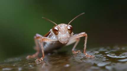 Poster - Close-up shot of a small, wet, light-brown grasshopper with large eyes, clinging to a surface. The background is softly blurred, green, creating a shallow depth of field and highlighting the insect's