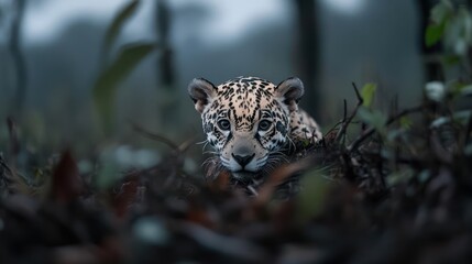 Aufkleber - A striking portrait captures a jaguar, its spotted coat contrasting with the earthy tones of the foliage. The shallow depth of field emphasizes the feline's intense gaze, set against a backdrop of