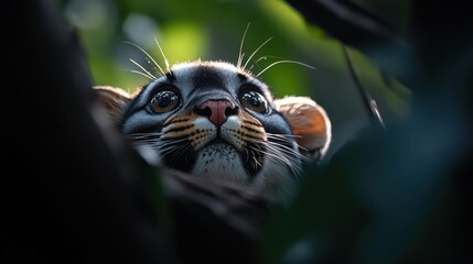 Aufkleber - A close-up shot showcases a serene clouded leopard peering upwards through the dense foliage, creating a composition filled with nature's mystique. The focus is on the clouded leopard's captivating