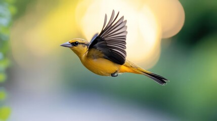 Poster - A vibrant, detailed close-up of a yellow oriole bird in mid-flight against a backdrop of blurred green foliage and soft, sunny bokeh. The bird's outstretched wings showcase its black-tipped feathers