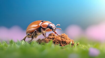 Aufkleber - Macro shot of a brown beetle on a mound of soil, set against a backdrop of green grass, blurred pink flowers, and a blue sky gradient. The lighting is bright, enhancing the textures and colors of the