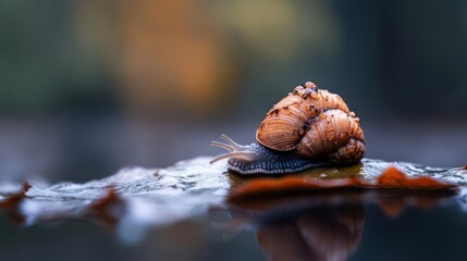 Poster - Macro shot captures a snail with a textured brown shell crawling on a wet leaf near a reflective pool, creating a serene natural scene with soft focus