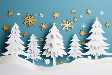Aufkleber - Beautiful winter landscape with paper cutout trees adorned with golden stars and snowflakes in a Lapki style setting