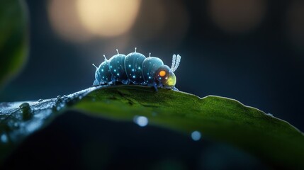 Aufkleber - Macro photograph of a vibrant blue caterpillar with glowing white spots crawling on a dewy green leaf against a blurred dark background. The image captures the intricate details and textures of the