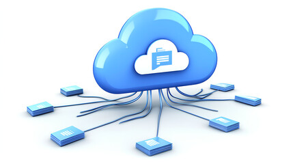 Wall Mural - cloud storage concept showing a glowing cloud icon connected to various digital file symbols within 