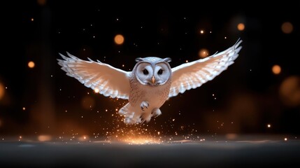 Aufkleber - A captivating image of an owl in mid-flight against a blurred background, enhanced by digital manipulation that simulates pixelation. The owl's plumage is beautifully rendered with white and brown