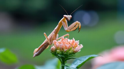 Poster - Captured up-close is a praying mantis, its tan body contrasting with the soft peach flower it perches on. The background is a serene blend of green foliage, creating a natural, blurred backdrop that