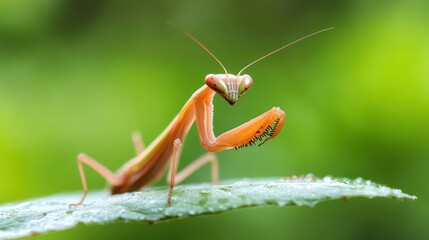 Poster - A close-up captures a praying mantis, showcasing its slender, peach-colored body and angular head, poised on a textured green leaf speckled with water droplets. The background is blurred with green