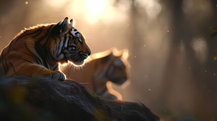 Aufkleber - Captivating portrait of two tigers basking under a sunlit forest canopy. One tiger is resting atop a rocky outcrop. The scene is bathed in soft lighting, enhancing the tiger's majestic stance and the