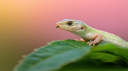 Poster - Close-up shot of a green lizard perched on a vibrant green leaf against a soft gradient background. The lizard's scales are visible in detail, and its eye reflects light, set against blurred hues of