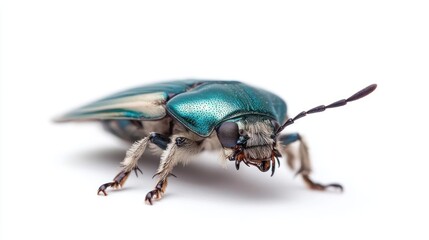 Poster - Close-up shot of a beetle with iridescent teal wings and a textured, speckled head against a clean white background. The beetle's legs are visible, showcasing tiny details