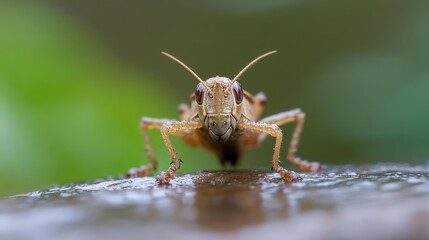 Poster - Close up shot of a grasshopper with a light brown body and legs, covered in tiny droplets. The background is a soft, blurred green. The grasshopper is on a reflective surface that mirrors its lower