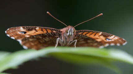 Poster - Close-up shot of a butterfly with brown patterned wings, perched on a vibrant green leaf. The image captures the intricate details of the butterfly's wings and body, set against a dark, blurred