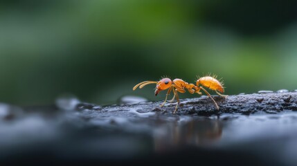 Poster - Detailed macro shot of a vibrant orange ant crawling on a wet, dark surface with water droplets. The background features a soft green bokeh, highlighting the intricate details and textures of the