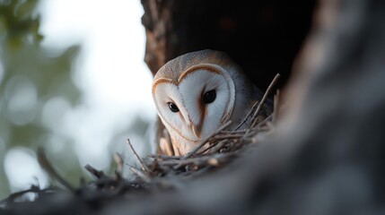Poster - A captivating low-angle shot captures a barn owl nestled in a tree hollow. The owl's heart-shaped face and light beige feathers stand out against the blurry green leaves and branches, highlighting