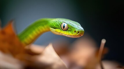 Poster - A vibrant green snake with yellow accents coiled among fallen leaves, set against a softly blurred black background. The snake's head is in sharp focus, highlighting its texture and striking eyes