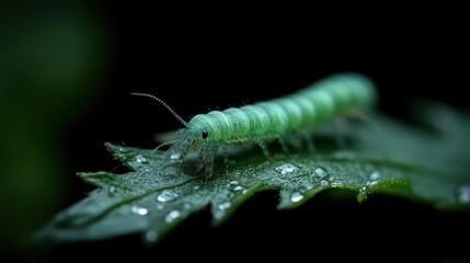 Poster - Close-up shot featuring a light green caterpillar perched atop a vibrant green leaf adorned with dewdrops, all set against a dark backdrop. Focus on the intricate textures of the caterpillar and