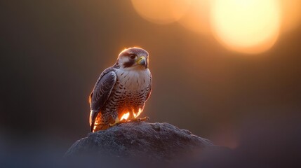 Aufkleber - A captivating portrait of a bird of prey perched atop a mound against a blurred sunset backdrop, bathed in warm, radiant light that accentuates its feathered details and creates a serene atmosphere