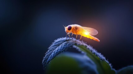 Poster - A close-up shot shows a vibrant orange and black fly perched on a green leaf covered in dew drops, set against a blurred dark blue background. The early morning light enhances the scene, highlighting
