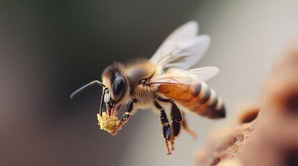 Poster - Macro photograph of a honey bee flying with pollen grains clinging to its body, showcasing the bee's intricate details against a blurred, natural backdrop with earth tone and natural sunlight