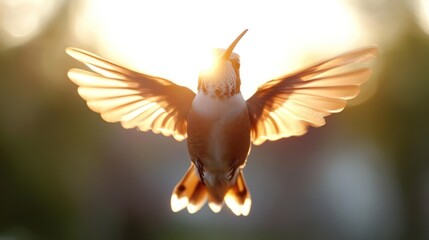 Aufkleber - A hummingbird spreads its wings, its silhouette backlit by the golden light. The bird is in focus with blurred natural green background