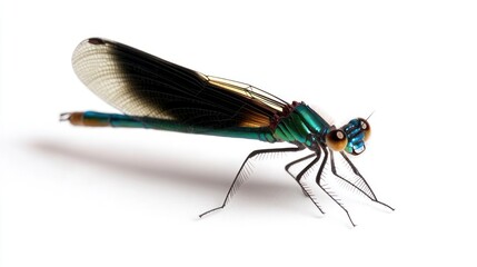 Poster - Macro shot of a turquoise and black damselfly with delicate wings on a clean white background. The insect's intricate details and colors are prominently displayed, highlighting its iridescent body