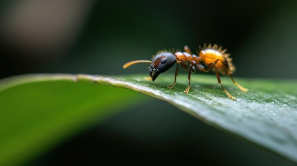 Poster - Macro shot of a golden ant with a black head standing on the edge of a bright green leaf with a blurred dark green background. The ant is detailed, showcasing its body structure and the texture of