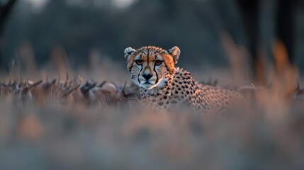 Aufkleber - A close eye-level shot of a cheetah lying in grassy field, looking directly at the camera. The background is soft and blurred, with a warm, muted color palette. The low angle emphasizes the cheetah's